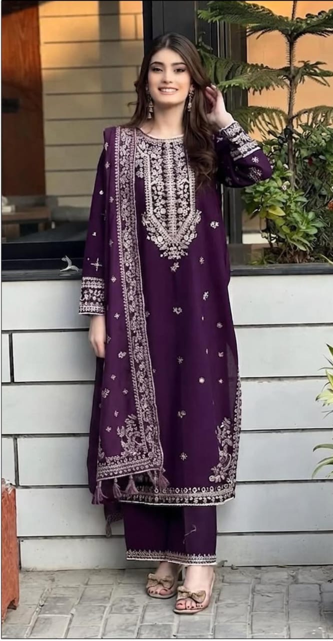 Dhanak embroidered luxury unstitched 3pc suit